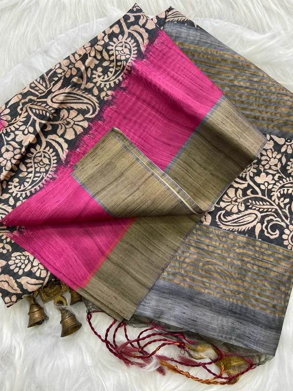 Mirza_Grey_&_Pink_–_Aesthetic_Edit_for_You_|_Soft_Tussar_Silk_Saree_with_Print,_Border_&_Contrast_Print_Blouse_with_Tassels