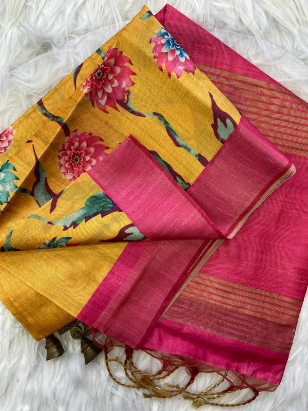 Soft_Tussar_Silk_sarees_with_Beautiful_Print_With_Attractive_Border_And_Contrast_Print_Blouse_With_Tassels