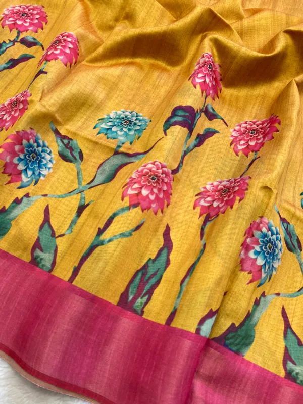 Soft_Tussar_Silk_sarees_with_Beautiful_Print_With_Attractive_Border_And_Contrast_Print_Blouse_With_Tassels