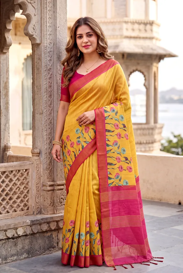 Soft_Tussar_Silk_sarees_with_Beautiful_Print_With_Attractive_Border_And_Contrast_Print_Blouse_With_Tassels