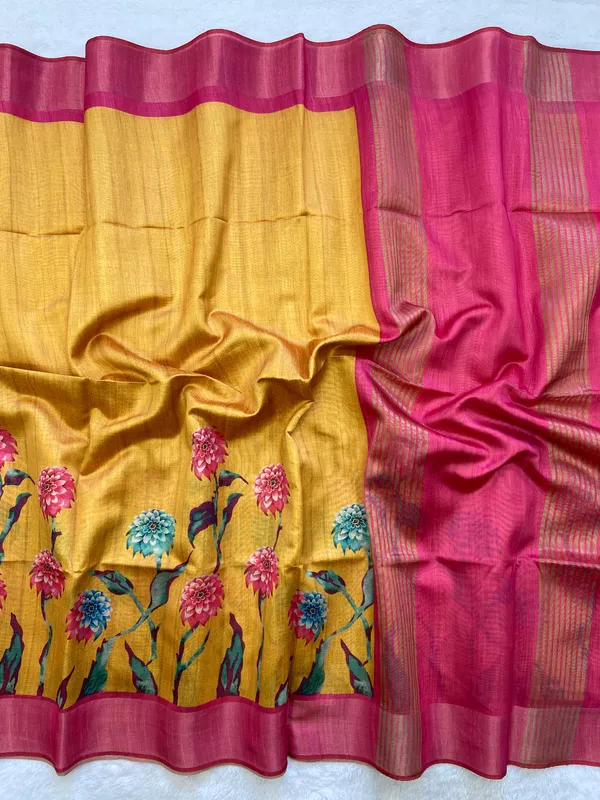 Soft_Tussar_Silk_sarees_with_Beautiful_Print_With_Attractive_Border_And_Contrast_Print_Blouse_With_Tassels