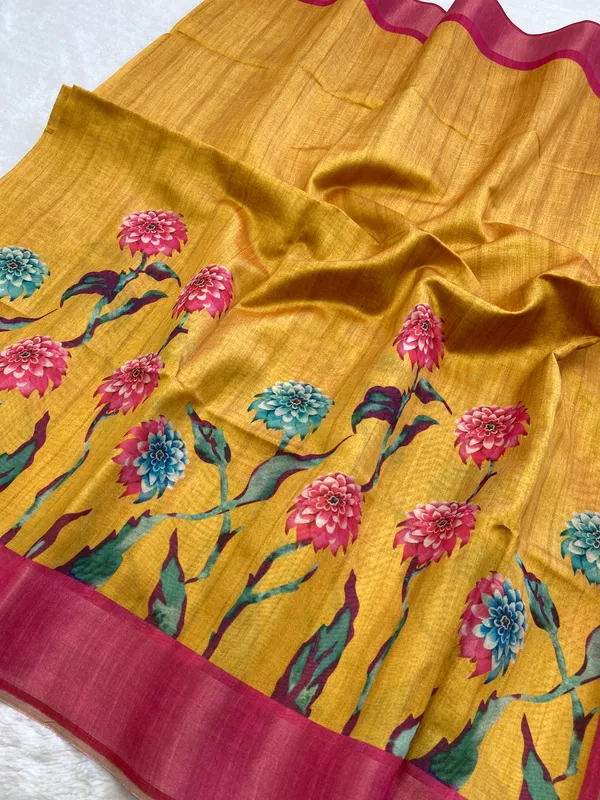 Soft_Tussar_Silk_sarees_with_Beautiful_Print_With_Attractive_Border_And_Contrast_Print_Blouse_With_Tassels