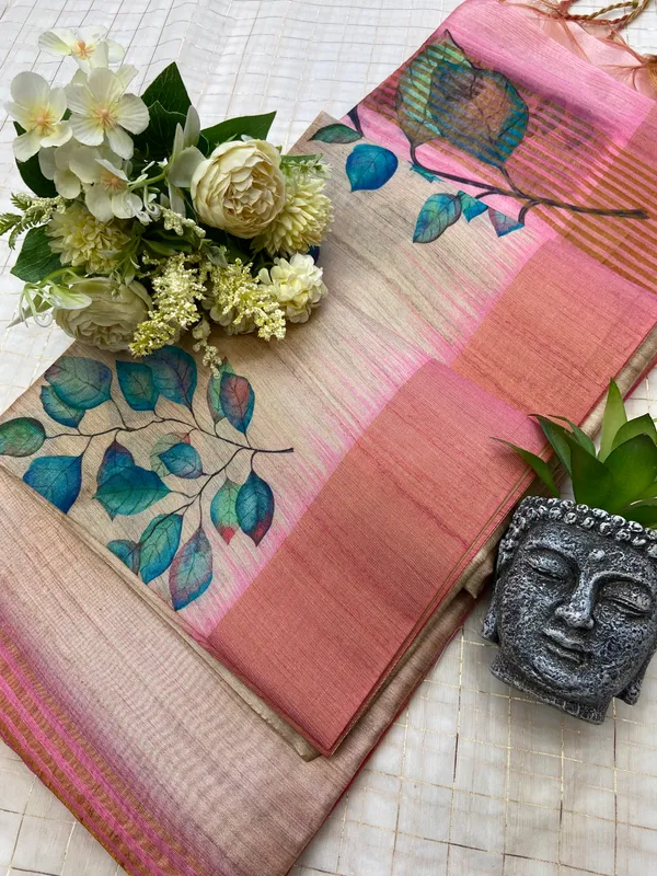 Divisha_Pink_–_Navratri_Special_|_Soft_Tussar_Silk_Saree_with_Print,_Border_&_Contrast_Print_Blouse_with_Tassels
