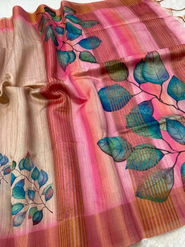 Divisha_Pink_–_Navratri_Special_|_Soft_Tussar_Silk_Saree_with_Print,_Border_&_Contrast_Print_Blouse_with_Tassels