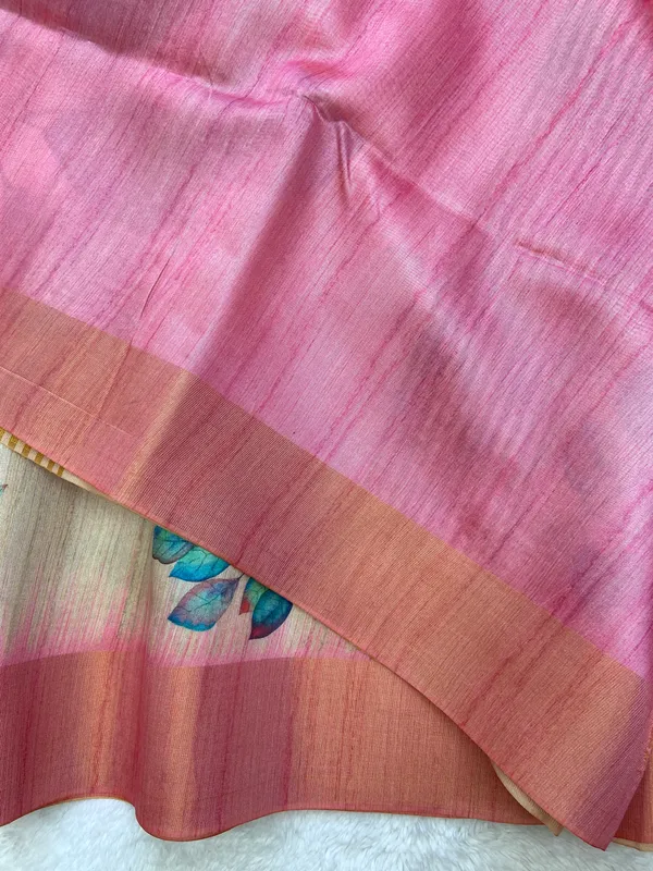 Divisha_Pink_–_Navratri_Special_|_Soft_Tussar_Silk_Saree_with_Print,_Border_&_Contrast_Print_Blouse_with_Tassels