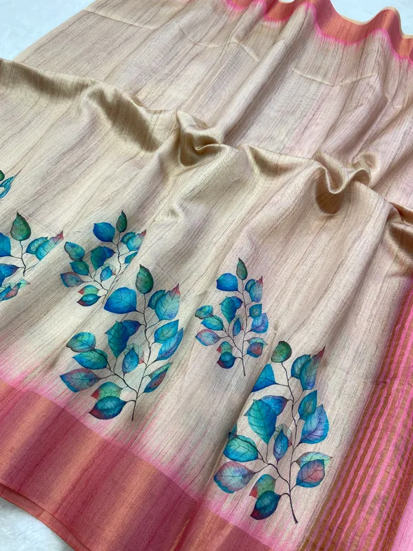 Divisha_Pink_–_Navratri_Special_|_Soft_Tussar_Silk_Saree_with_Print,_Border_&_Contrast_Print_Blouse_with_Tassels
