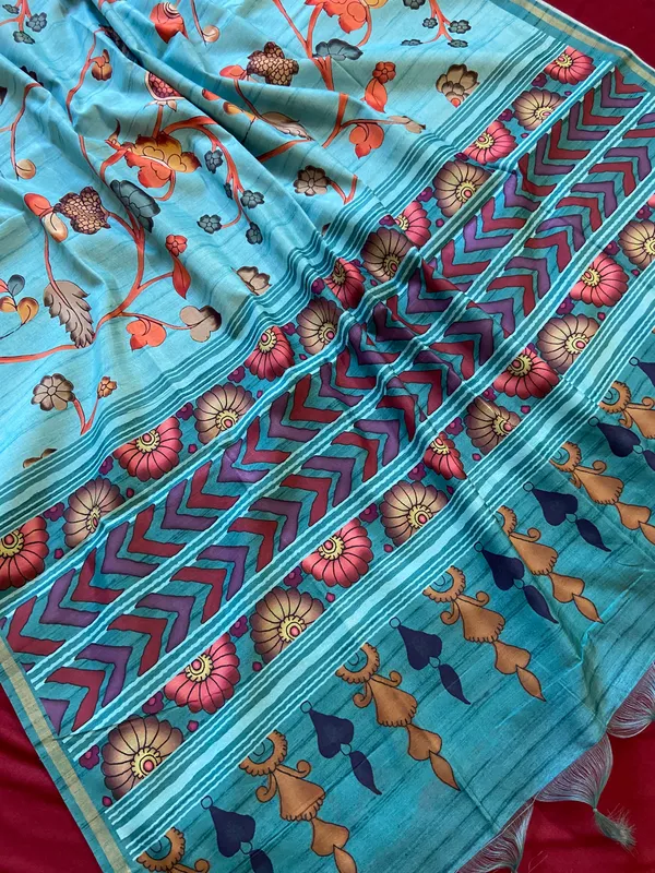 Soft_Tussar_Silk_sarees_with_Beautiful_Digital_Print_With_Attractive_Border_And_Contrast_Print_Blouse_With_Tassels