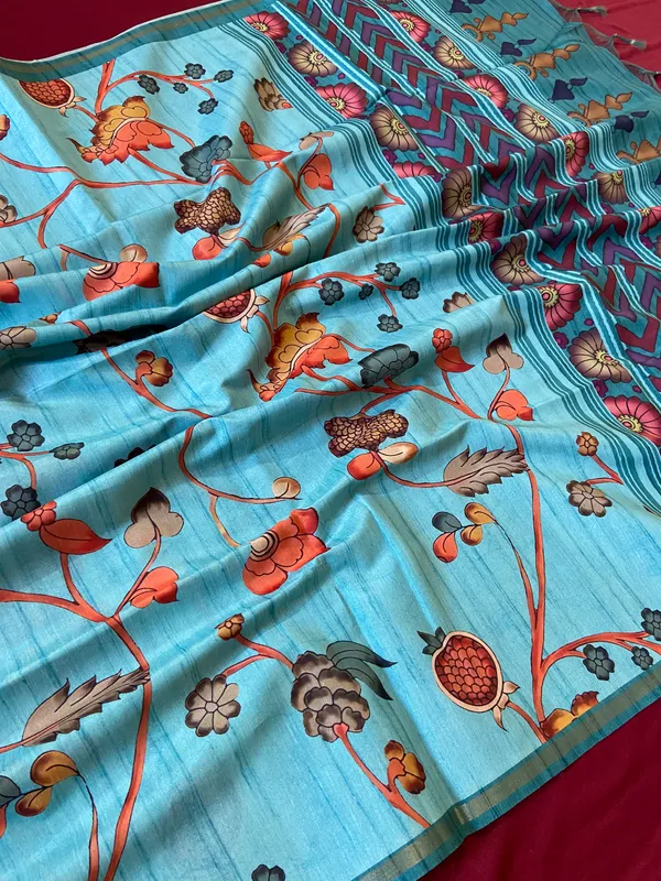 Soft_Tussar_Silk_sarees_with_Beautiful_Digital_Print_With_Attractive_Border_And_Contrast_Print_Blouse_With_Tassels