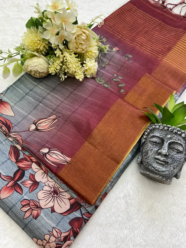 Soft_Tussar_Silk_sarees_with_Beautiful_Print_With_Attractive_Border_And_Contrast_Print_Blouse_With_Tassels