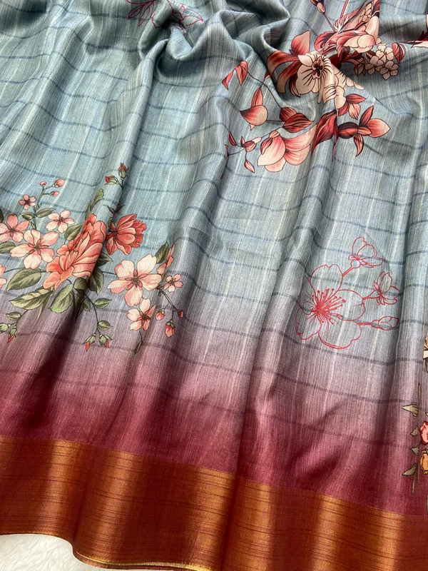 Soft_Tussar_Silk_sarees_with_Beautiful_Print_With_Attractive_Border_And_Contrast_Print_Blouse_With_Tassels