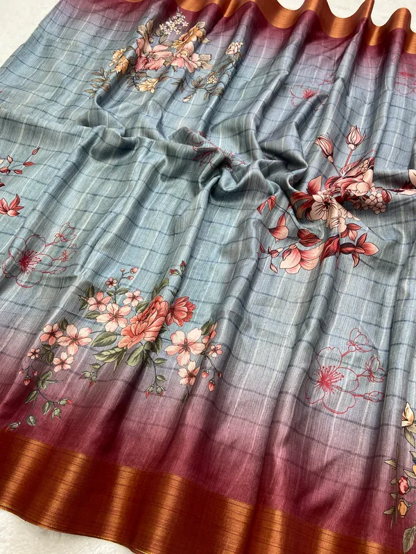 Soft_Tussar_Silk_sarees_with_Beautiful_Print_With_Attractive_Border_And_Contrast_Print_Blouse_With_Tassels