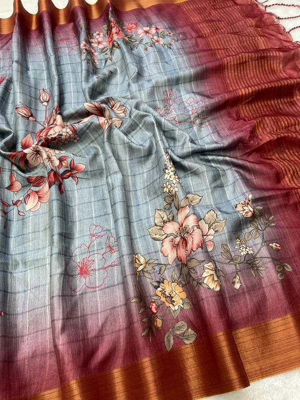 Soft_Tussar_Silk_sarees_with_Beautiful_Print_With_Attractive_Border_And_Contrast_Print_Blouse_With_Tassels