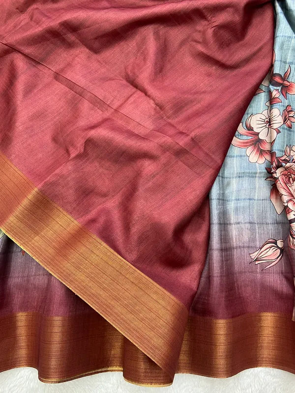 Soft_Tussar_Silk_sarees_with_Beautiful_Print_With_Attractive_Border_And_Contrast_Print_Blouse_With_Tassels