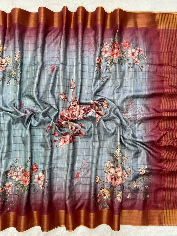 Soft_Tussar_Silk_sarees_with_Beautiful_Print_With_Attractive_Border_And_Contrast_Print_Blouse_With_Tassels