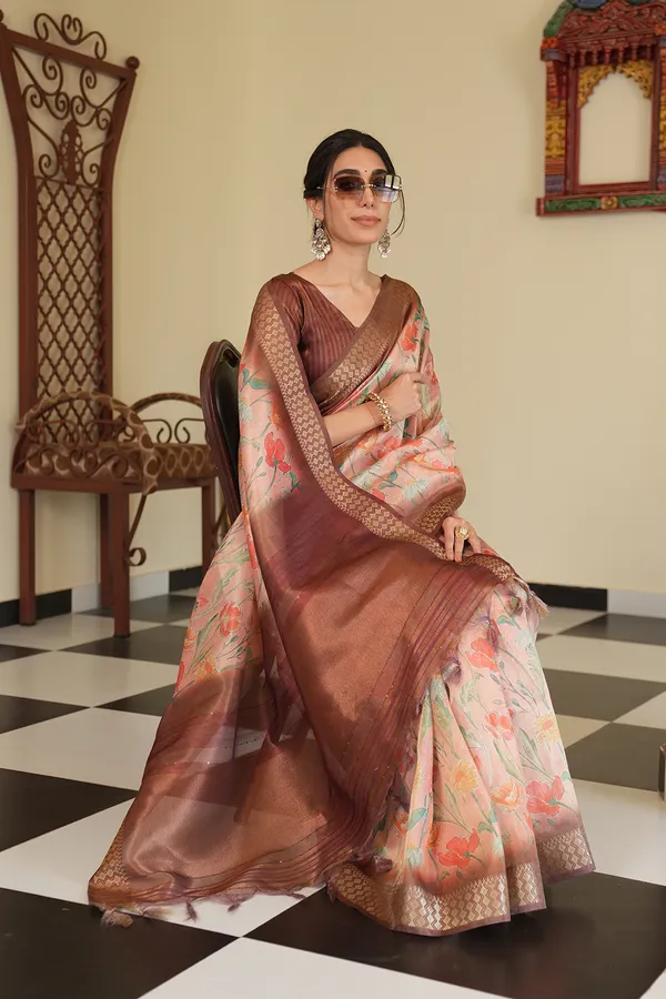 Mini_Coffee_Brown_–_Diwali_Special_|_Soft_Tissue_Silk_Saree_with_Digital_Print,_Border_&_Rich_Pallu,_Sequence_&_Contrast_Print_Blouse_with_Tassels
