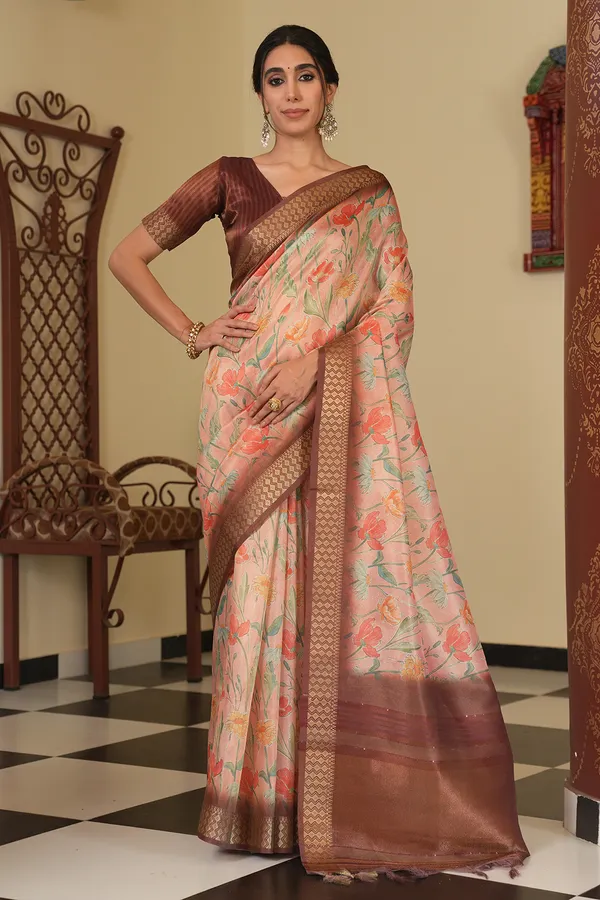 Mini_Coffee_Brown_–_Diwali_Special_|_Soft_Tissue_Silk_Saree_with_Digital_Print,_Border_&_Rich_Pallu,_Sequence_&_Contrast_Print_Blouse_with_Tassels