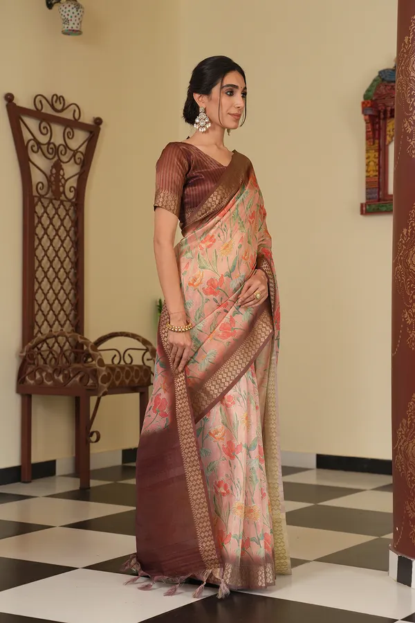 Mini_Coffee_Brown_–_Diwali_Special_|_Soft_Tissue_Silk_Saree_with_Digital_Print,_Border_&_Rich_Pallu,_Sequence_&_Contrast_Print_Blouse_with_Tassels