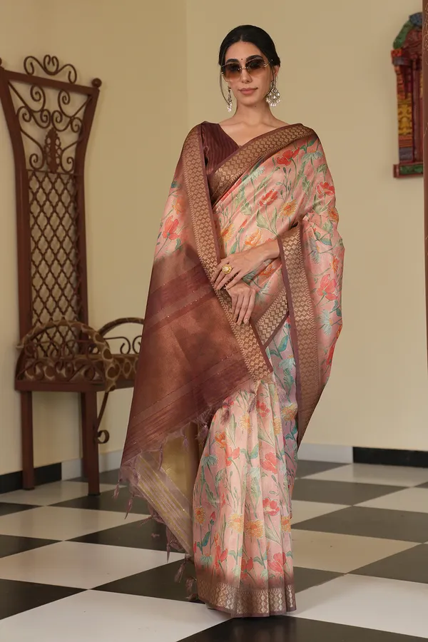 Mini_Coffee_Brown_–_Diwali_Special_|_Soft_Tissue_Silk_Saree_with_Digital_Print,_Border_&_Rich_Pallu,_Sequence_&_Contrast_Print_Blouse_with_Tassels
