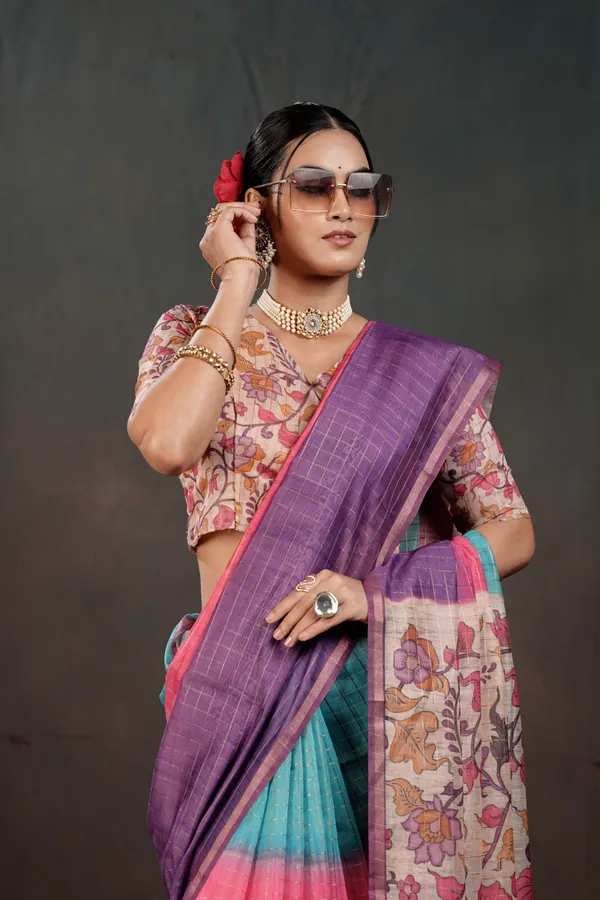 Soft_Semi_Tussar_Silk_sarees_with_Beautiful_Digital_Print_With_Attractive_Border_And_Contrast_Print_Blouse_With_Tassels