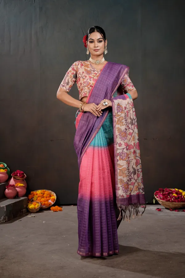 Soft_Semi_Tussar_Silk_sarees_with_Beautiful_Digital_Print_With_Attractive_Border_And_Contrast_Print_Blouse_With_Tassels