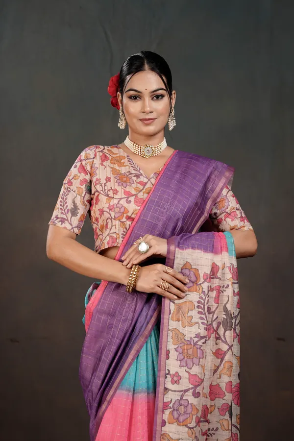 Soft_Semi_Tussar_Silk_sarees_with_Beautiful_Digital_Print_With_Attractive_Border_And_Contrast_Print_Blouse_With_Tassels