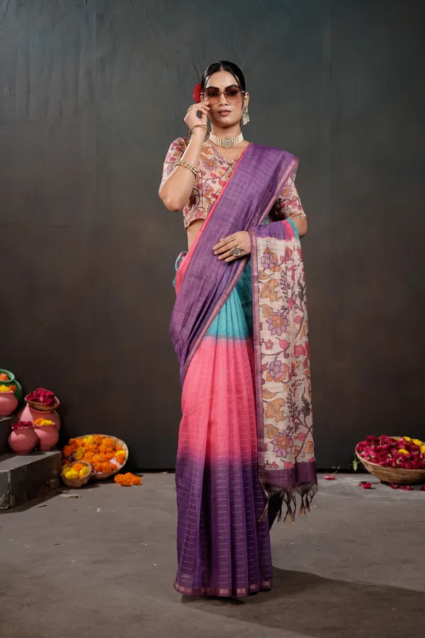Soft_Semi_Tussar_Silk_sarees_with_Beautiful_Digital_Print_With_Attractive_Border_And_Contrast_Print_Blouse_With_Tassels