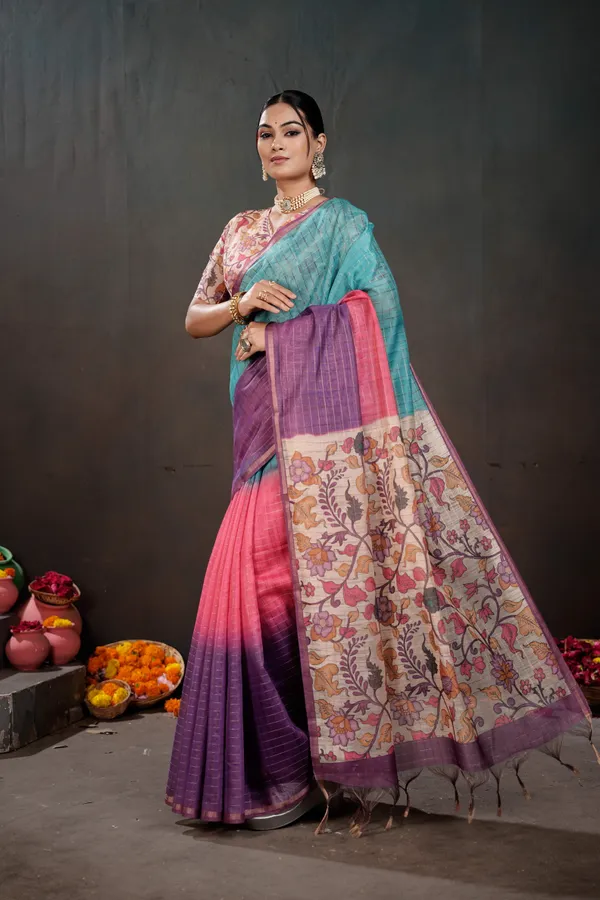 Soft_Semi_Tussar_Silk_sarees_with_Beautiful_Digital_Print_With_Attractive_Border_And_Contrast_Print_Blouse_With_Tassels