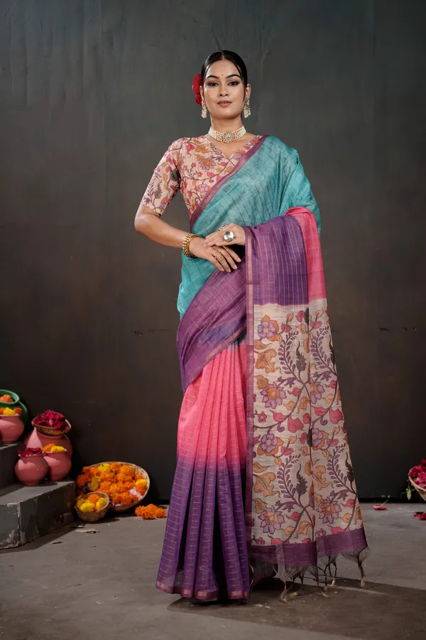 Soft_Semi_Tussar_Silk_sarees_with_Beautiful_Digital_Print_With_Attractive_Border_And_Contrast_Print_Blouse_With_Tassels