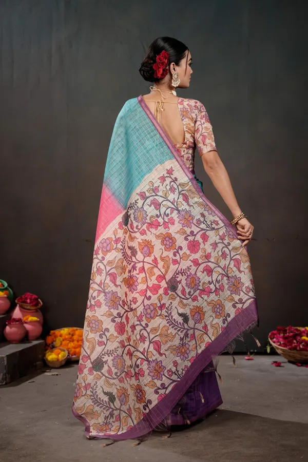 Soft_Semi_Tussar_Silk_sarees_with_Beautiful_Digital_Print_With_Attractive_Border_And_Contrast_Print_Blouse_With_Tassels