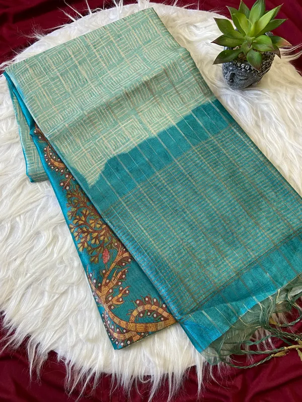 Soft_Semi_Tussar_Silk_sarees_with_Beautiful_Digital_Print_With_Attractive_Border_And_Contrast_Print_Blouse_With_Tassels