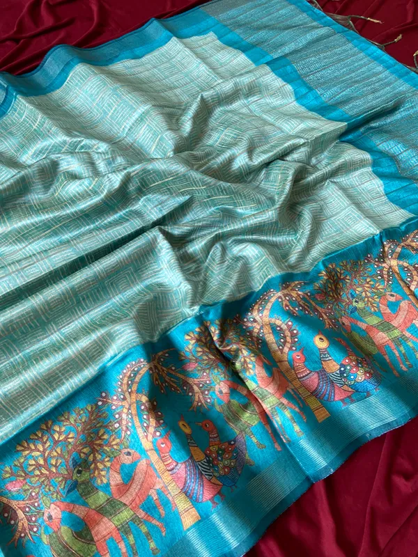 Soft_Semi_Tussar_Silk_sarees_with_Beautiful_Digital_Print_With_Attractive_Border_And_Contrast_Print_Blouse_With_Tassels