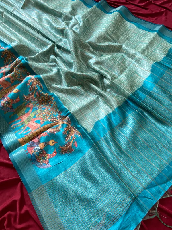Soft_Semi_Tussar_Silk_sarees_with_Beautiful_Digital_Print_With_Attractive_Border_And_Contrast_Print_Blouse_With_Tassels