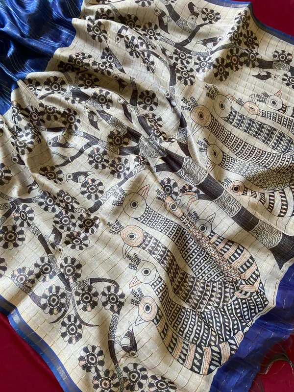 Soft_Semi_Tussar_Silk_sarees_with_Beautiful_Digital_Print_With_Attractive_Border_And_Contrast_Print_Blouse_With_Tassels
