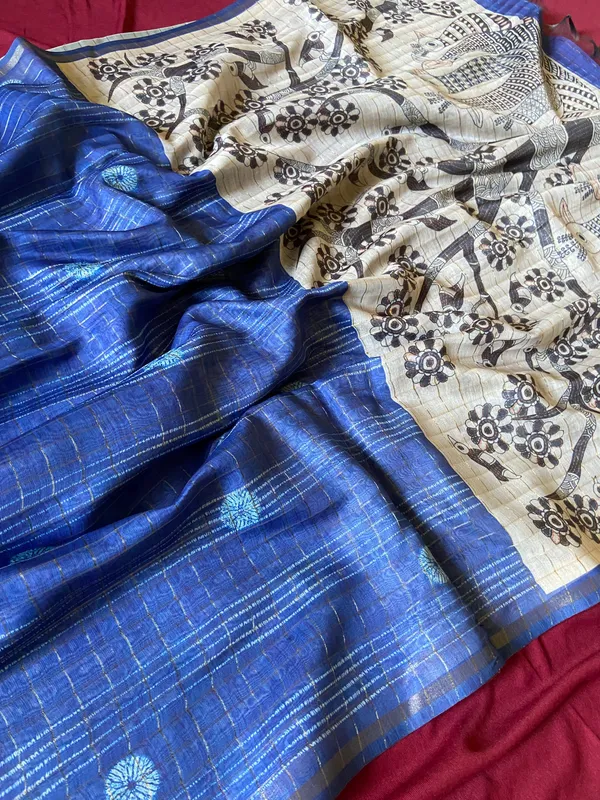 Soft_Semi_Tussar_Silk_sarees_with_Beautiful_Digital_Print_With_Attractive_Border_And_Contrast_Print_Blouse_With_Tassels
