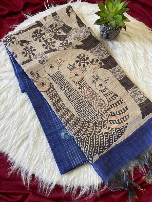 Soft_Semi_Tussar_Silk_sarees_with_Beautiful_Digital_Print_With_Attractive_Border_And_Contrast_Print_Blouse_With_Tassels