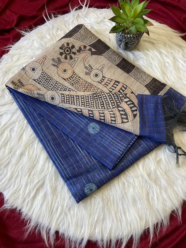 Soft_Semi_Tussar_Silk_sarees_with_Beautiful_Digital_Print_With_Attractive_Border_And_Contrast_Print_Blouse_With_Tassels