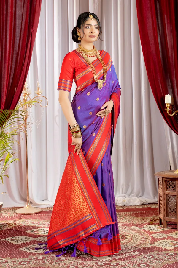 Narayana_Pattu_Narayanpet_Silk_sarees_with_Beautiful_Booti_in_Contrast_Red-Purple_Shades_With_Attractive_Weaving_Gold_Zari_Design_And_Contrast_Blouse_With_Tassels
