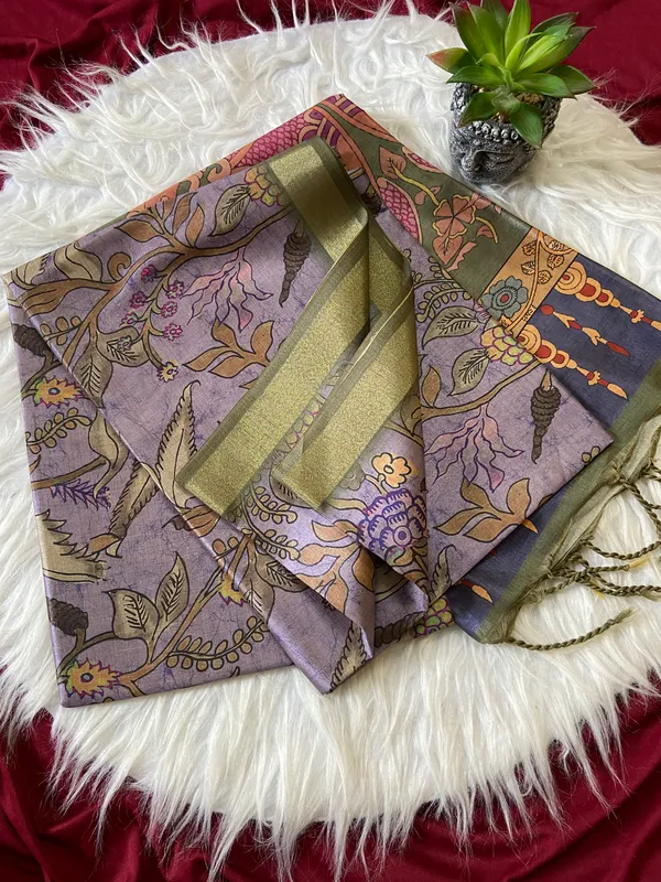 Soft_Tussar_Silk_sarees_with_Beautiful_Digital_Print_With_Attractive_Border_And_Contrast_Print_Blouse_With_Tassels