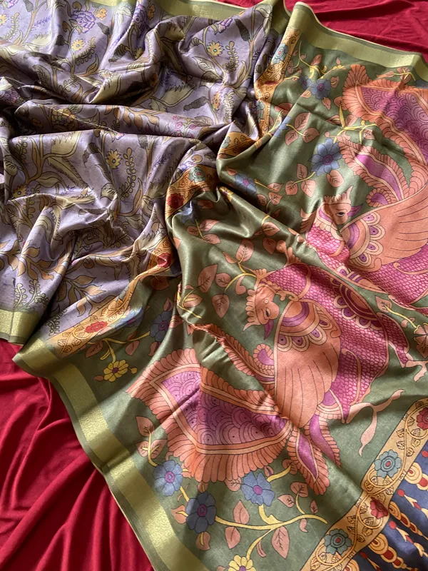 Soft_Tussar_Silk_sarees_with_Beautiful_Digital_Print_With_Attractive_Border_And_Contrast_Print_Blouse_With_Tassels