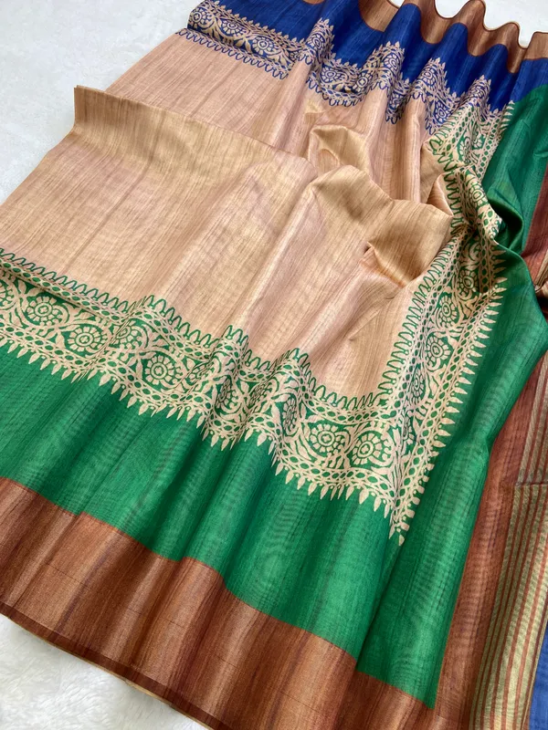Bhanumati_Coffee_Brown_–_Aesthetic_Edit_for_You_|_Soft_Tussar_Silk_Saree_with_Print,_Border_&_Contrast_Print_Blouse_with_Tassels