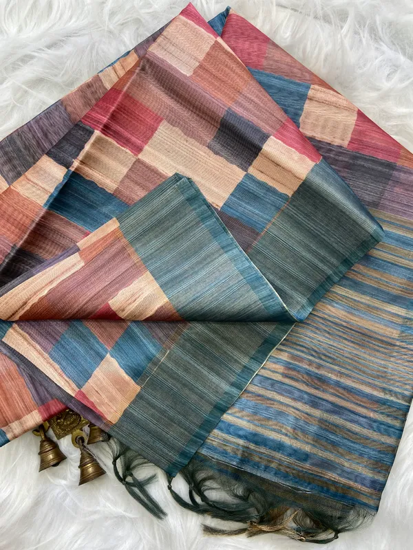 Charita_Rama_Green_–_Navratri_Special_|_Soft_Tussar_Silk_Saree_with_Print,_Border_&_Contrast_Print_Blouse_with_Tassels