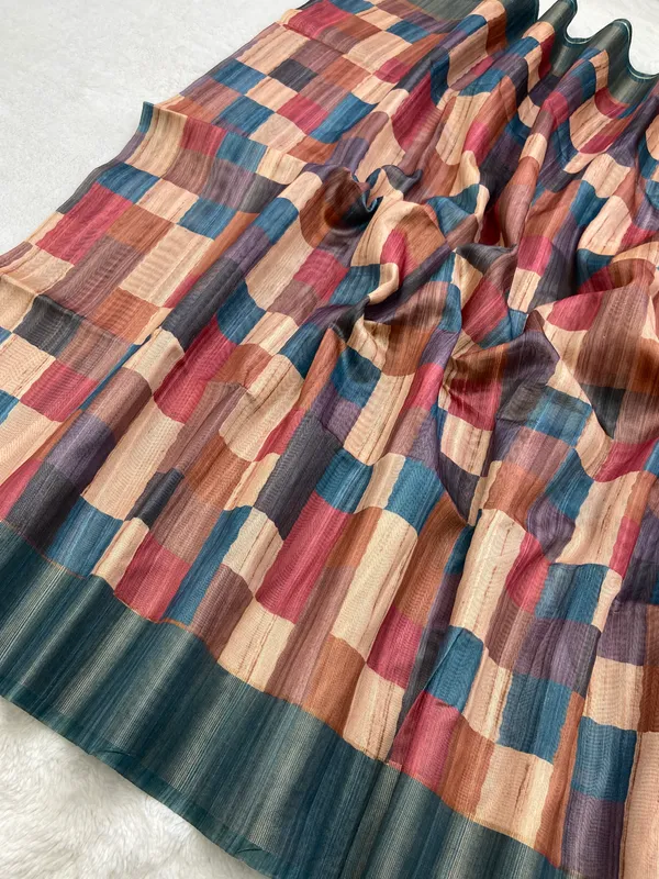 Charita_Rama_Green_–_Navratri_Special_|_Soft_Tussar_Silk_Saree_with_Print,_Border_&_Contrast_Print_Blouse_with_Tassels