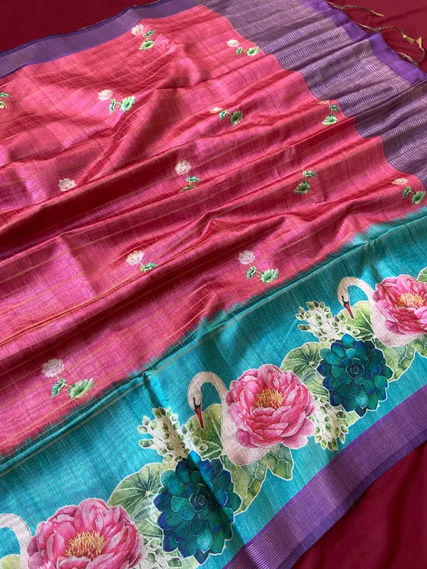 Soft_Semi_Tussar_Silk_sarees_with_Beautiful_Digital_Print_With_Attractive_Border_And_Contrast_Print_Blouse_With_Tassels