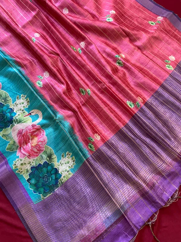 Soft_Semi_Tussar_Silk_sarees_with_Beautiful_Digital_Print_With_Attractive_Border_And_Contrast_Print_Blouse_With_Tassels