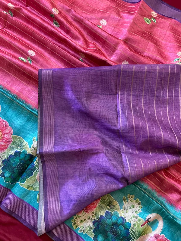 Soft_Semi_Tussar_Silk_sarees_with_Beautiful_Digital_Print_With_Attractive_Border_And_Contrast_Print_Blouse_With_Tassels