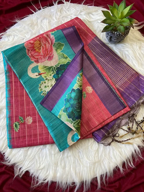 Soft_Semi_Tussar_Silk_sarees_with_Beautiful_Digital_Print_With_Attractive_Border_And_Contrast_Print_Blouse_With_Tassels