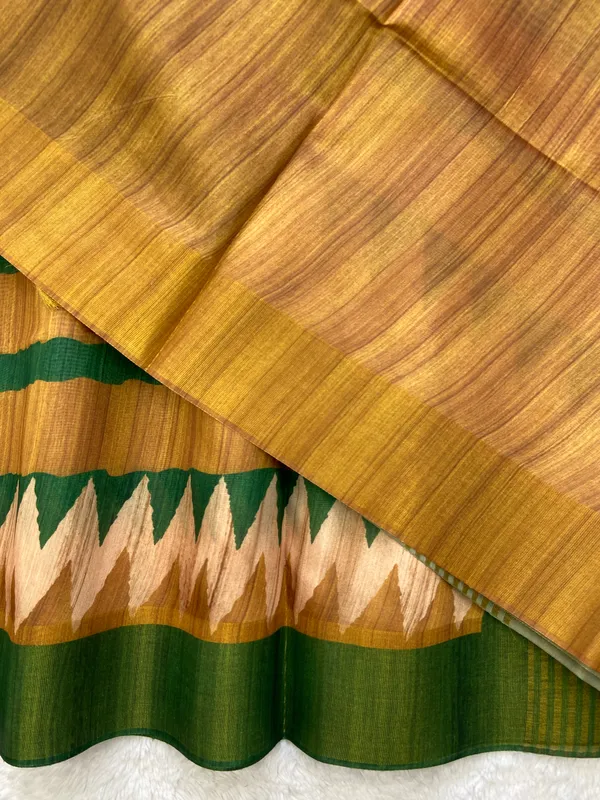 Libni_Green_–_Navratri_Special_|_Soft_Tussar_Silk_Saree_with_Print,_Border_&_Contrast_Print_Blouse_with_Tassels