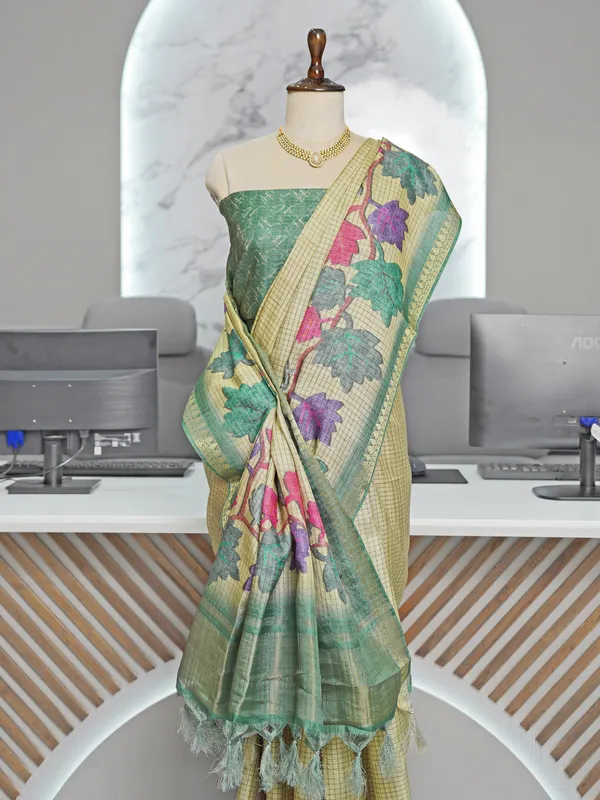 Soft_Tussar_Silk_sarees_with_Beautiful_Digital_Print_With_Attractive_Checks_Design_Saree_And_Digital_Print_Blouse_With_Tassels