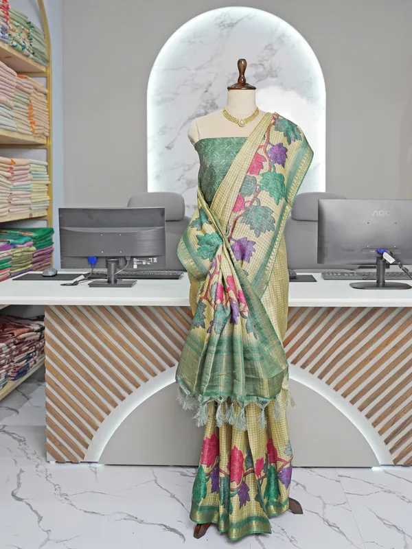 Soft_Tussar_Silk_sarees_with_Beautiful_Digital_Print_With_Attractive_Checks_Design_Saree_And_Digital_Print_Blouse_With_Tassels