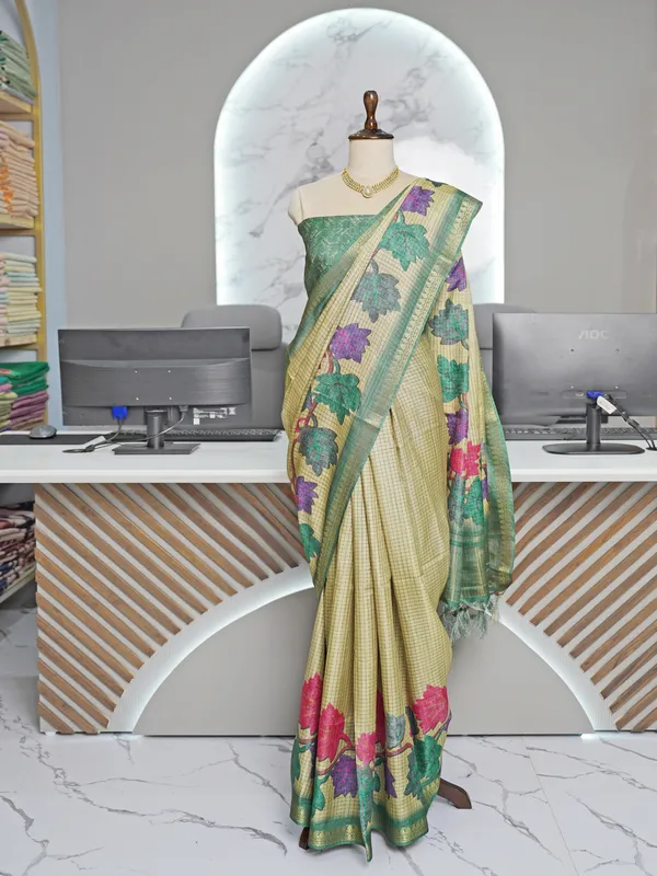 Soft_Tussar_Silk_sarees_with_Beautiful_Digital_Print_With_Attractive_Checks_Design_Saree_And_Digital_Print_Blouse_With_Tassels